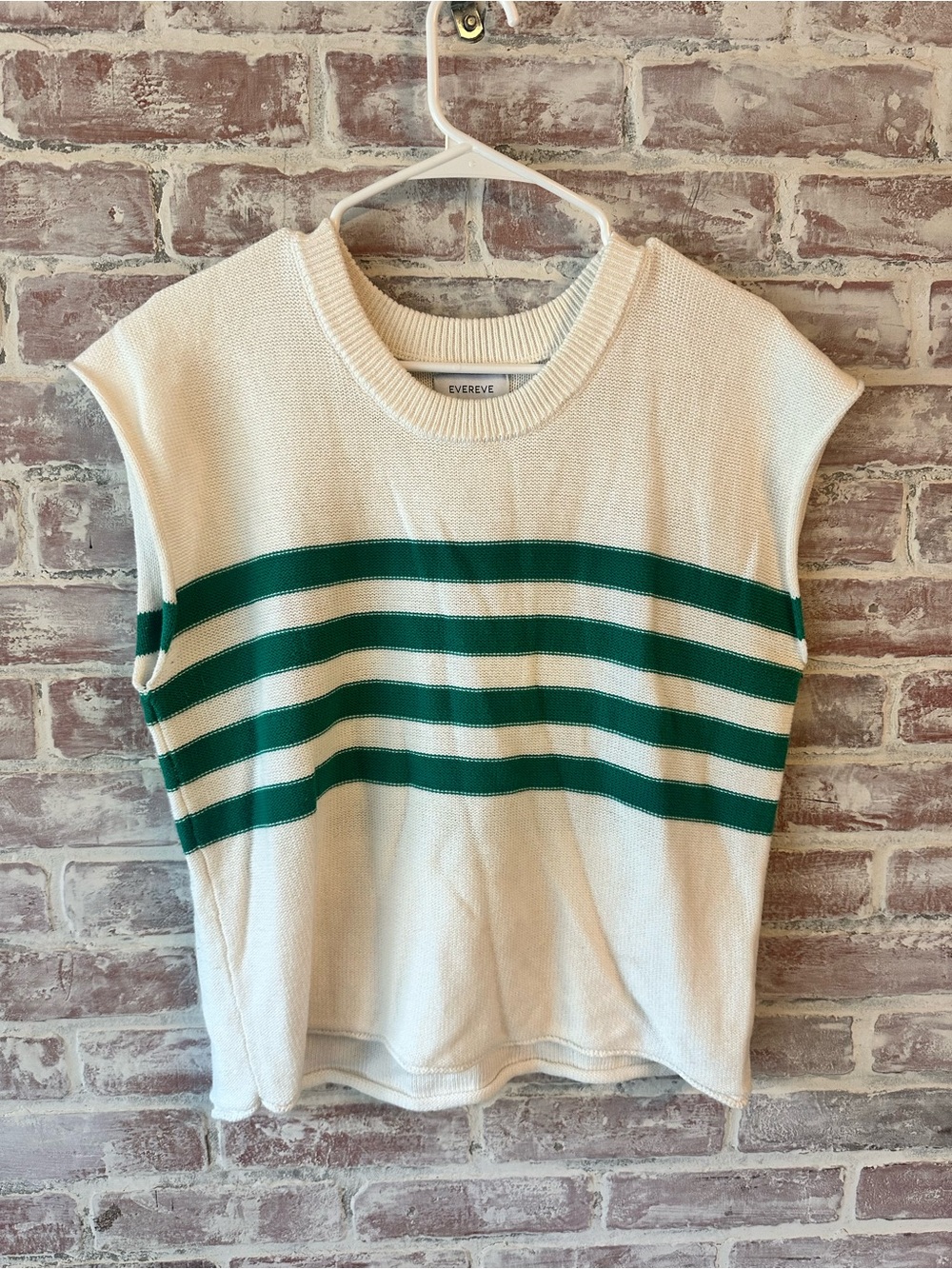 Evereve Cream Sleeveless Knit Top with Green Stripes